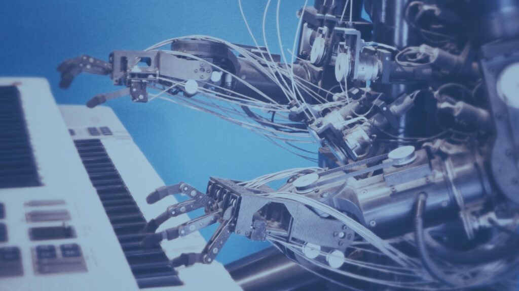 Robô tocando piano, imagem de capa da publicação sobre inteligência artificial e machine learning