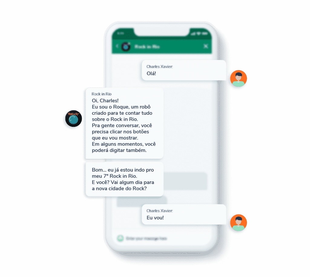 Print da tela de um celular que mostra uma conversa de uma pessoa com um chatbot desenvolvido pela plataforma Blip para o evento Rock In Rio.
