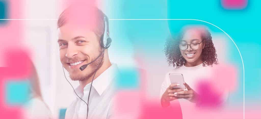 Foto de pessoas utilizando o celular e fone de ouvido de call center para ilustrar conteúdo sobre gestão de fila de atendimento.