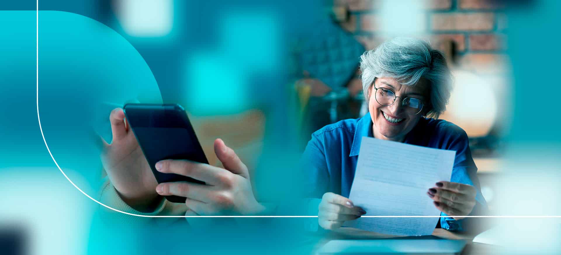 Imagens de mulher de meia idade lendo carta e mãos de outra pessoa usando o smartphone para ilustrar conteúdo sobre marketing humanizado.
