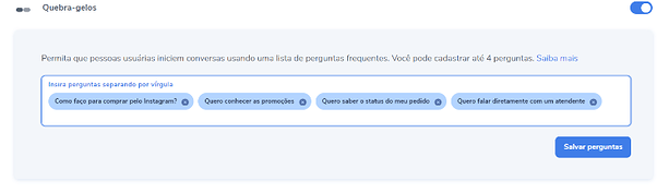 Tela para configuração das 4 perguntas disponíveis para os Ice Breakers