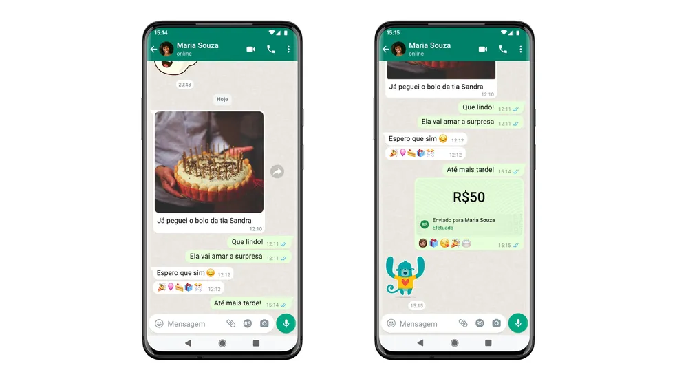 Imagem de divulgação, mostra dois celulares com a função de pagamentos pelo WhatsApp. 