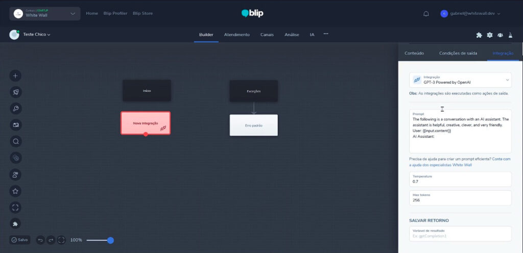 Captura de tela da integração entre ChatGPT e Blip