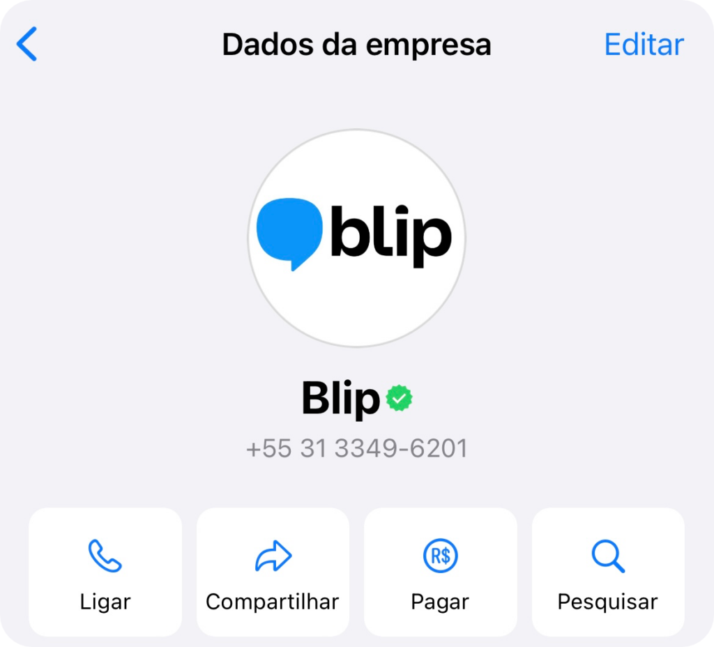 Print do contato da empresa Blip no WhatsApp para exemplificar como o selo de uma empresa verificada aparece no app. 