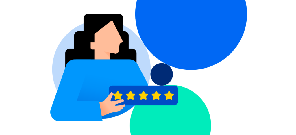 Atencion digital: Imagen de un cliente en el celular dando rating 5 estrellas en una página digital