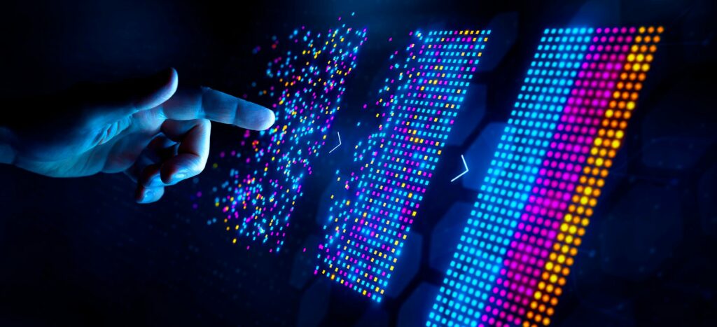 Imagen de una persona tocando una pantalla con data en colores de inteligerncia artificial