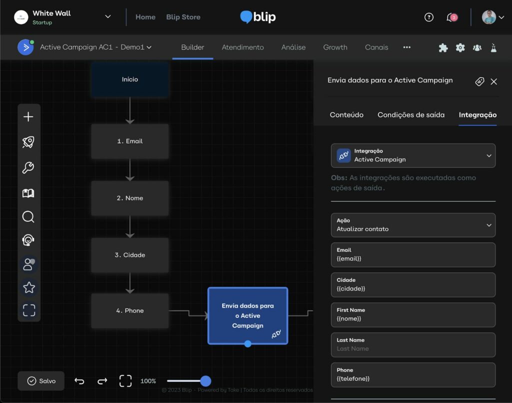 tela em tons escuros mostrando o builder da plataforma blip