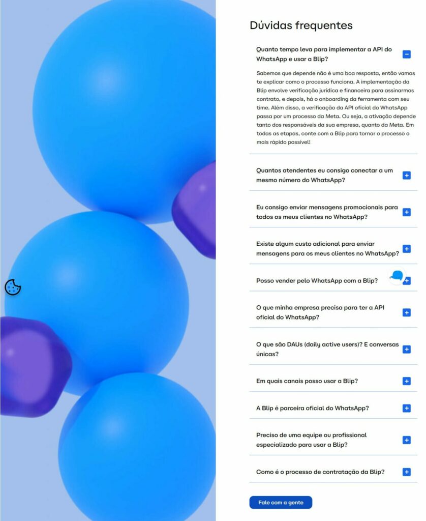 Captura de tela da FAQ existente na página de Planos do site Blip. Confira a página completa em https://www.blip.ai/planos/