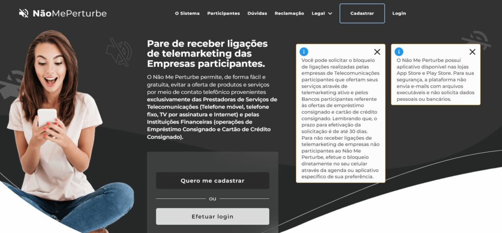 Tela inicial do site nãomeperturbe.com.br