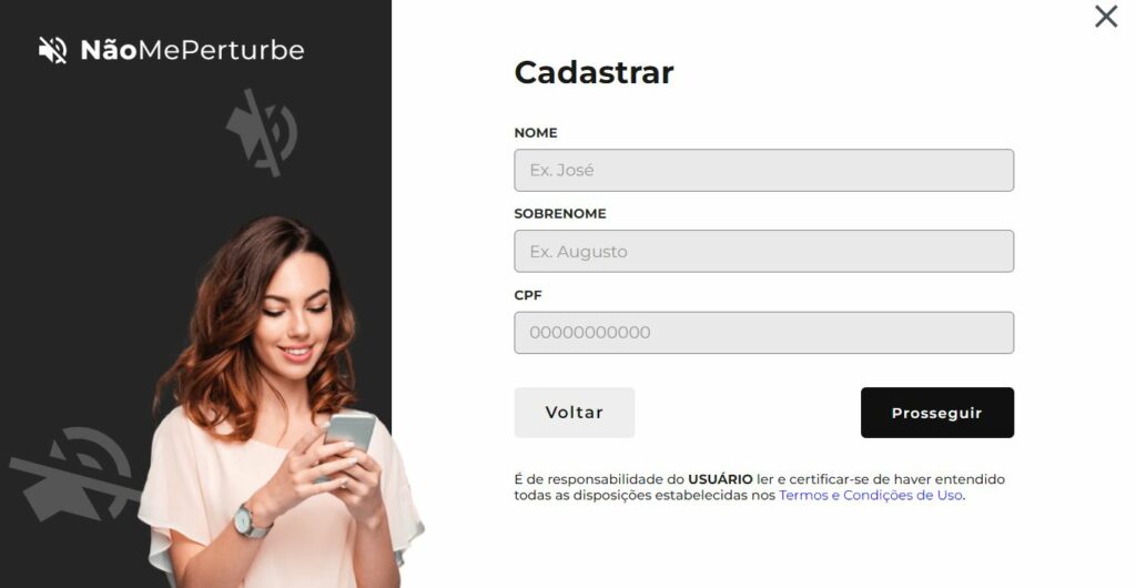 Tela de cadastro do site nãomeperturbe.com.br