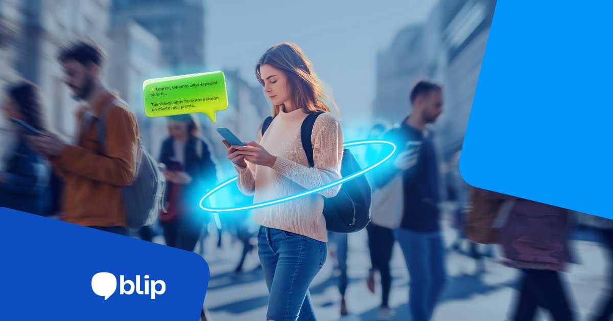 Mujer usando celular con interfaz de chat digital representando WhatsApp