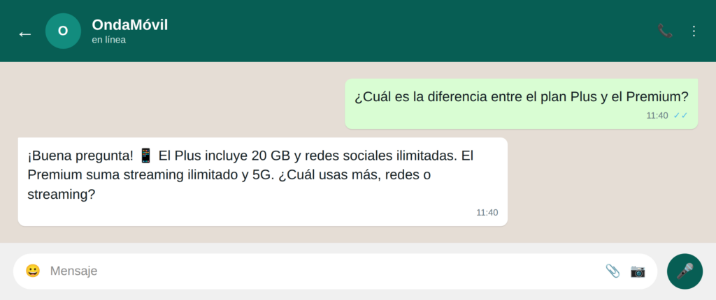 04 dudas planes asistente - WhatsApp para telecomunicaciones: 21 ejemplos para mejorar la experiencia de usuario Resuelve dudas de planes con un asistente de ventas