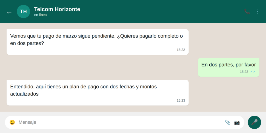 12 negocia pagos vencidos - WhatsApp para telecomunicaciones: 21 ejemplos para mejorar la experiencia de usuario Negocia pagos vencidos dentro del chat
