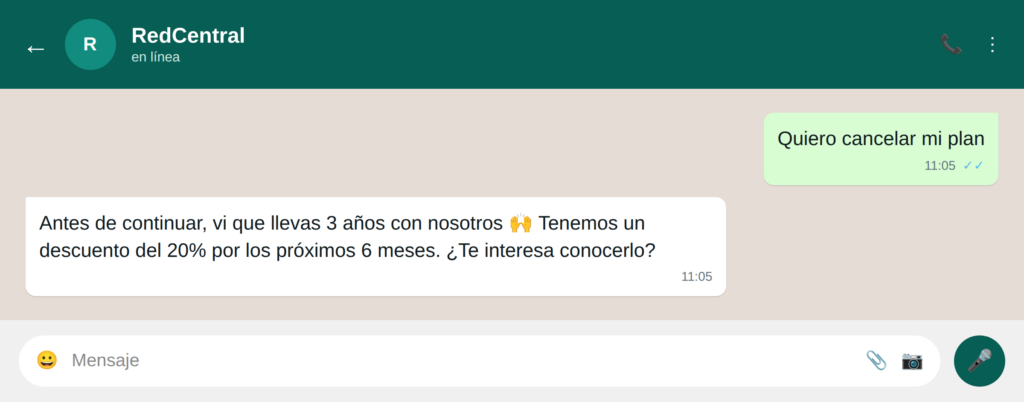 18 alternativas cancelacion - WhatsApp para telecomunicaciones: 21 ejemplos para mejorar la experiencia de usuario Ofrece alternativas ante una cancelación