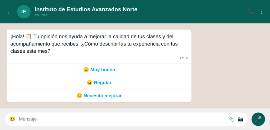 19 encuestas automaticas 1 - WhatsApp para educación: 20 ejemplos de uso para escuelas y universidades 19 encuestas automaticas 1 - WhatsApp para educación: 20 ejemplos de uso para escuelas y universidades WhatsApp para educación
